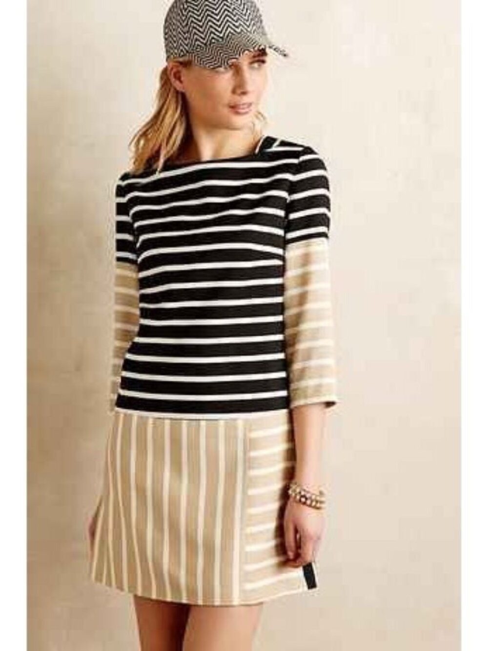 4.Collective 4C Anthropologie Dress Stripe Black Tan White 6 NWT